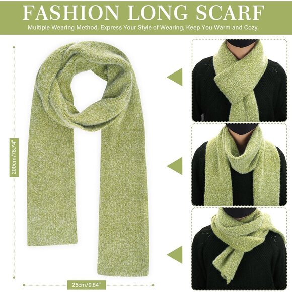 Women's Green Warm Knit Beanie Hat Touchscreen Gloves Long Neck Scarf Set - Picture 5 of 7